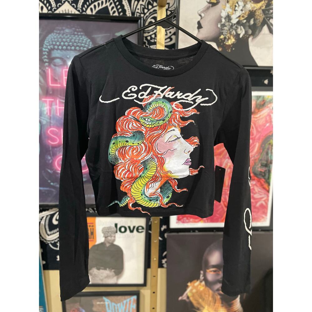 Ed Hardy Snake Girl Long Sleeve Deadstock NTW Baby Tee, Black, Large